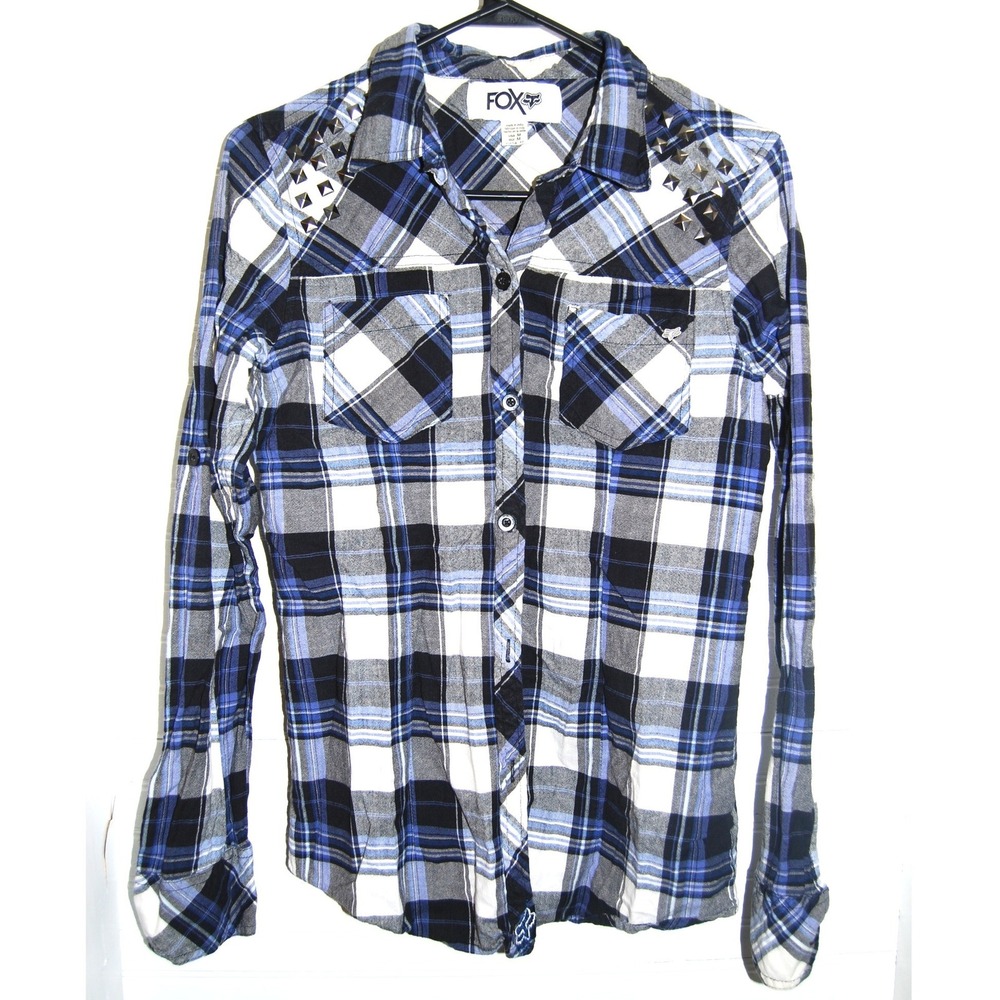 FOX Y2K shirt Women's Medium Plaid Button Down Flannel Studded Logo top